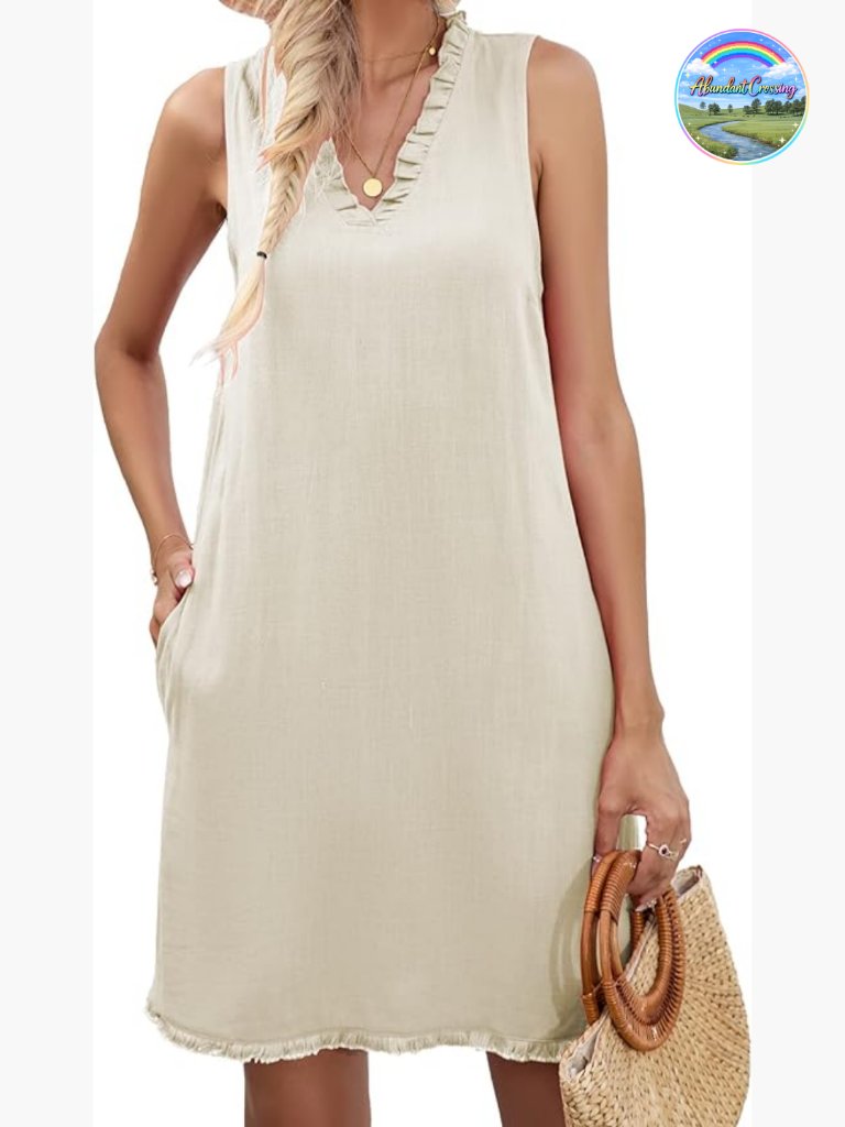 Women Cute Sleeveless Ruffled Deep V Neck Cotton Linen Shift Dress With Pockets